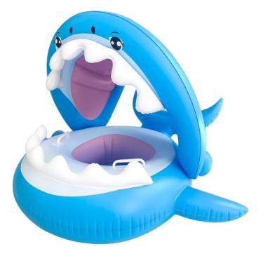 Imagem de Boia Inflável Infantil Formato de Tubarão, Azul e Branco, Design Divertido para Crianças, Base com Proteção Solar