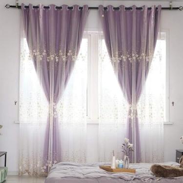 Imagem de Cortina blackout de camada dupla para sala de estar, painel decorativo de voile blecaute de deck duplo, para quarto/varanda, 1 peça, roxo L 300 x A 270 cm