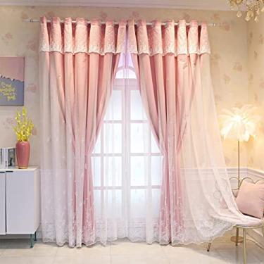 Imagem de Cortina blecaute de camada dupla bordada blackout voile em camadas painel de cortina sólida, para quarto de menina, isolamento térmico, cortina sombreada de deck duplo, topo com ilhós, 1 peça, rosa L