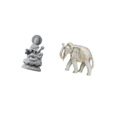 Imagem de Fenteer Estatueta de Buda Feminina Guan Yin, Artesanato Feng Shui com Elefante de Madeira Esculpido à Mão, Estátua de Animal Rústica para Centro de Mesa de Co