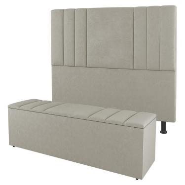 Imagem de Kit Cabeceira e Baú Cama Box Queen Size Grace 160cm Sintético Bege - Desk Design
