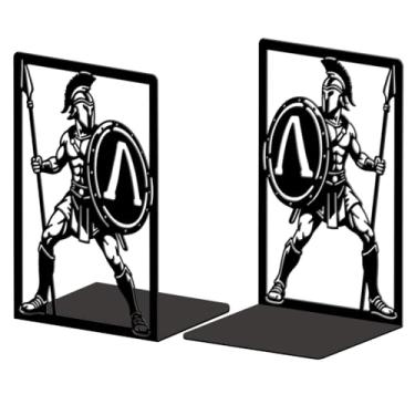 Imagem de Peacoblue Suportes de livros de metal para prateleiras, espartano guerreiro moderno decorativo resistente livro de estudo terminam rolhas para escritório, mesa, prateleira, quarto, suportes de livros