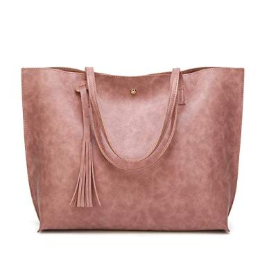 Imagem de Bigfanshu Bolsa feminina de couro macio bolsa de ombro Shopper Sacola Balde Moda, Rosa, 30X36CM