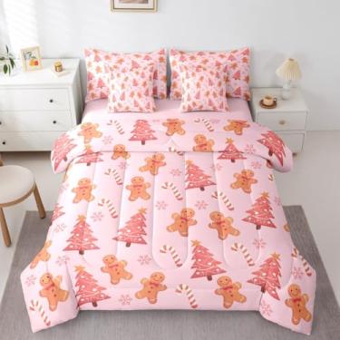 Imagem de Conjunto de cama solteiro rosa de Natal, 7 peças, cama de homem de gengibre, desenho animado de árvore de Natal, conjunto de edredom, conjunto de lençóis, fronhas e fronhas, decoração de quarto de