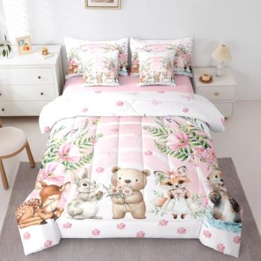 Imagem de Erosebridal Jogo de cama de 7 peças, animais selvagens, safári, solteiro, rosa, kawaii, rosa, coelho, raposa, veado, foca, lontra, mar, em uma bolsa, conjunto de cama infantil com flores florais