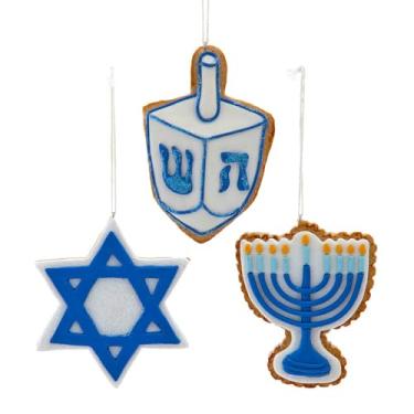 Imagem de Enfeites de árvore de Hanukkah, conjunto de 3 designs tradicionais, menorá, estrela de Davi e Dreidel, azul e branco, 10,8 cm