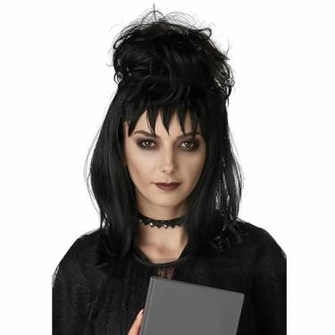 Imagem de PORSMEER Peruca preta longa e coque de cabelo com lenço vermelho para fantasia de Halloween para mulheres ou meninas