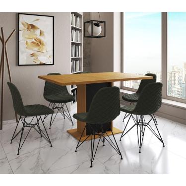 Imagem de Mesa Jantar Londres Retangular Canela 137X90 Base Preta 6 Cadeiras Estofadas Verde Ferro Preto