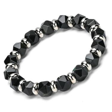 Imagem de Apocalyptic-K Pulseira elástica de pedra facetada natural para homens e mulheres, formato de diamante moderno, liga de zinco, 8/10 mm, 8mm To 10mm, Zinco Pedra Zinco Pedra Obsidiana, Ametista