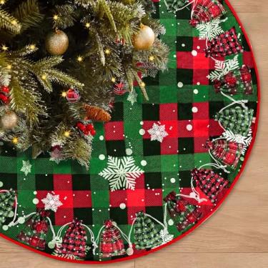 Imagem de Saia para árvore de Natal de 119 cm com 24 sacos de presente, saia xadrez vermelha e verde, floco de neve, tapete de árvore de Natal, capa de base redonda para decoração de festa em casa