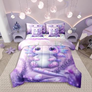Imagem de Erosebridal Jogo de cama casal fofo Axolotl para crianças, meninos e meninas, conjunto de edredom de animais do oceano roxo com desenho animado axolote de vida selvagem em uma bolsa, 7 peças, lavanda