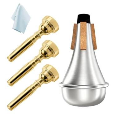 Imagem de Pacote com 3 bocais para trompete (3C 5C 7C) com silenciador silencioso de trompete leve de alumínio, adequado para acessórios de instrumentos musicais de substituição Yamaha Bach Conn King, dourado