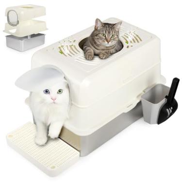Imagem de Caixa de areia para gatos com tampa, caixas de areia removíveis fechadas extragrandes para gatos, capa de aço inoxidável, caixa de areia de metal gatinho de entrada superior com tampa. Gabinete