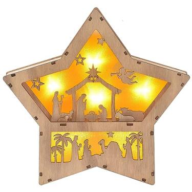 Imagem de IDATOO Conjunto de presépio de Natal, presépio em forma de estrela de madeira, luz de LED, decoração de Natal 3D, enfeite festivo interno, peça central de decoração de inverno para mesa bandeja em camadas lareira cornija (estrela)