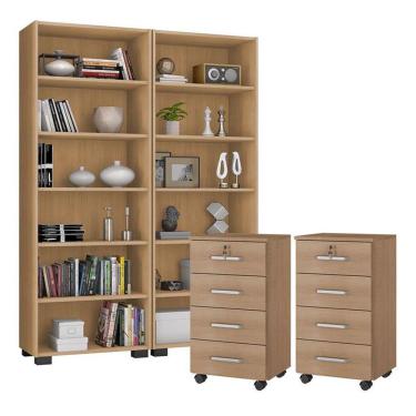 Imagem de Kit 2 Gaveteiros Para Escritório Gávea Com Chave E 2 Livreiros Office Freijó Fosco - Móveis Leão