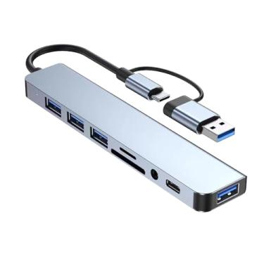 Imagem de Hub USB C 8 em 1 com várias portas, três USB 2.0, USB 3.0, tipo C, áudio de 3,5 mm, leitor de cartão TF, adaptador de transferência de dados