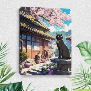 Imagem de Arte de parede em tela de gato de desenho animado, pinturas de arte emolduradas em estilo japonês, decoração de parede, cena da natureza e amantes de gatos imagem para sala de estar, sala de jantar