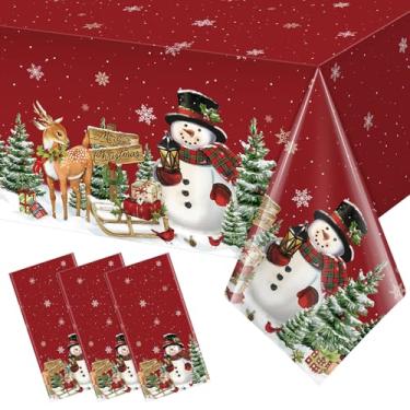 Imagem de Denwiller 3 peças de toalha de mesa vermelha de boneco de neve de Natal, toalha de mesa de Natal vermelha descartável, toalha de mesa de árvore de Natal de plástico para suprimentos de festa de