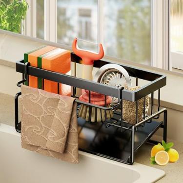 Imagem de Suporte com barra de toalha sobre organizador para louça, sabonete, esponja, escovas, utensílios de limpeza de cozinha, suporte para esposa e mãe, 1 peça (preto)