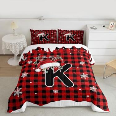 Imagem de jejeloiu Conjunto de edredom xadrez para todas as estações, Merry Christmas, com 1 fronha, com inicial K, microfibra, solteiro, xadrez, geométrico, para decoração de quarto, edredom macio