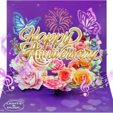 Imagem de Cartão de aniversário para casal - 3D Pop Up Music & Light Valentine presentes de aniversário de casamento com envelope, inserção e selo em branco, para cônjuge marido esposa ele ela (Roses Butterfly