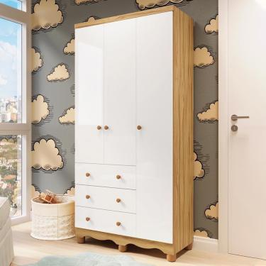Imagem de Guarda Roupa Infantil Júnior 3 Portas E 3 Gavetas Branco Brilho/amêndoa - Móveis Peroba Branco