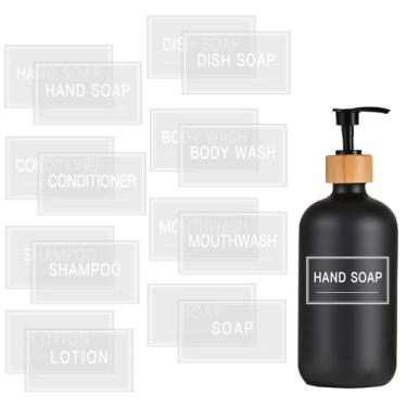 Imagem de 48 etiquetas brancas em transparentes para garrafas escuras, adesivos impermeáveis de alto contraste para xampu, sabonete, loção - Perfeito para organização de banheiro e cozinha