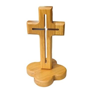 Imagem de Generic Cruz de mesa decorativa em madeira com suporte, estilo religioso, ideal para sala de estar, quarto ou prateleira, Base de Flor Oca