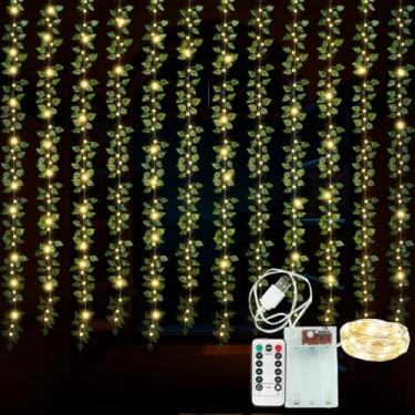 Imagem de 12 peças de plantas falsas de videiras artificiais de 2,5 m, guirlanda de videira falsa com luz de fada, 100 luzes de LED com controle remoto, trepadeiras falsas para casa, quarto, jardim, festa