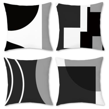 Imagem de BREASOME Conjunto de 4 capas de almofada cinza preto e branco com blocos geométricos modernos e abstratos para decoração de casa fronhas quadradas 45 x 45 cm