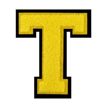 Imagem de 1 PÇ Patch de letra de chenille amarelo de 11,4 cm com borda preta – Remendos do alfabeto para roupas, jaquetas, mochilas, chapéus para decoração personalizada, nome personalizado e artesanato. (T)