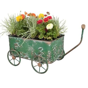 Imagem de Zokyntrix Carrinho de flores com alças de madeira, vasos de vagão de metal para plantas ao ar livre, plantador de jardim com rodas de vagão, carrinho de mão decorativo, carrinho de plantas para