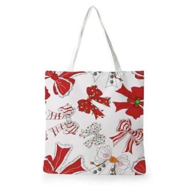 Imagem de Yhtrg Sacola Coquette com laço de Natal, papai noel, doce, bengala, boneco de neve, arco reutilizável de Natal, sacolas de presente, sacola de compras de supermercado de Natal para mulheres