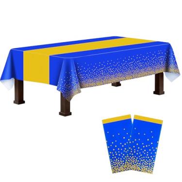 Imagem de 2 pacotes de toalha de mesa retangular de plástico azul e dourado, 137 x 272 cm, toalha de mesa descartável, capa de plástico retangular para aniversário, Natal, formatura, chá de bebê, decorações de