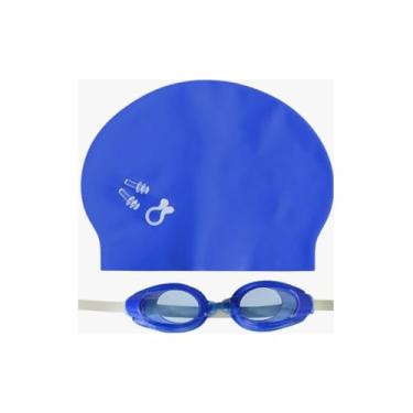 Imagem de Kit de Natação 5 Peças, Óculos com Proteção UV, Touca 21.5x18.5cm, Protetor Nasal e de Ouvido, Material em Silicone e Policarbonato, Azul