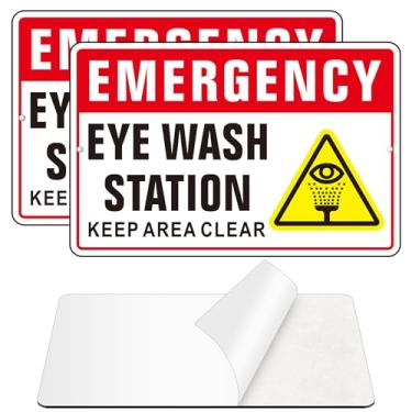 Imagem de Placa de estação de lavagem de olhos, (embalagem com 2) autoadesivo, livre de ferrugem e reflexiva, adesivos metálicos de alumínio para parede, uso interno e externo (23 x 15 cm, vermelho/branco)
