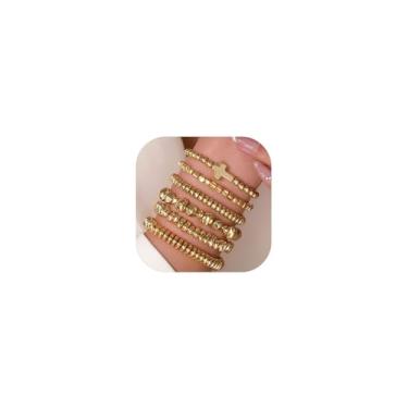 Imagem de Rrdaily Pulseiras femininas douradas com contas banhadas a ouro 14 k, pulseiras cruzadas, empilháveis, ajustáveis, elásticas, joias presentes, Medium, Metal, Sem Pedra Preciosa