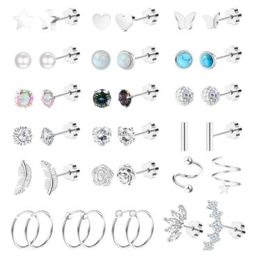Imagem de 38 peças de brincos de prata com costas planas para mulheres, hipoalergênicos, de aço cirúrgico, brincos de argola para orelhas sensíveis, conjunto de brincos de tragus para cartilagem e tragus para