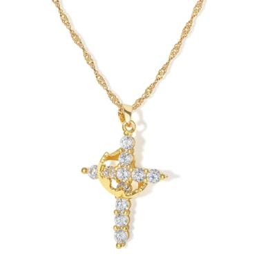 Imagem de BYETOCE Colar com pingente de cruz delicada para mulheres, pingente de cruz de ouro de zircônia cúbica simples joia crucifixo para mulheres, aniversário, dia dos namorados, Natal, presentes, Latão