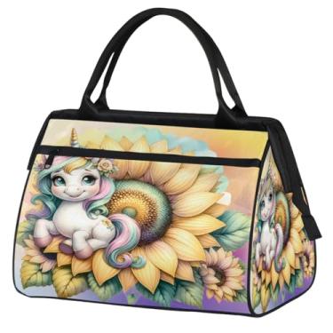 Imagem de Bolsa pequena para o fim de semana para mulheres, homens, unicórnio, girassol, flor, dobrável, bolsa esportiva leve para academia, Cor: 1, 15.2*8.3*11.6 inch, Moderno