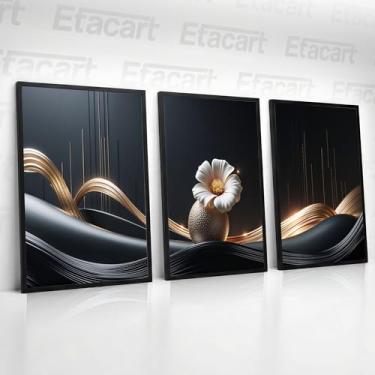 Imagem de Quadro Decorativo Arte Flor Dourada Moderna Luxo Tons Preto e Ouro, Sala Escritório Hall, Moldura Preta, Etacart (3 peças 52 x 32)