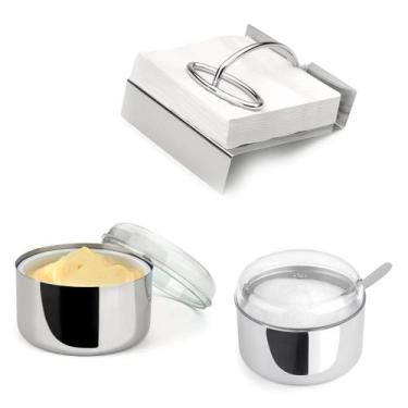 Imagem de Kit 3 pçs Açucareiro Manteigueira Porta guardanapo Inox Pote Multiuso 