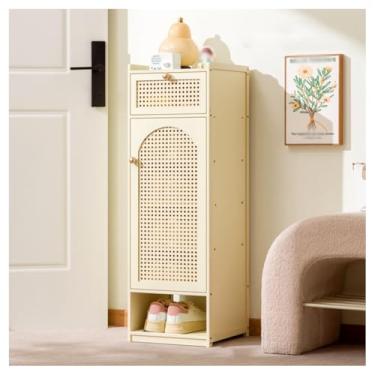 Imagem de SPXMQSS Sapateira vertical de bambu, sapateira estreita para entrada, prateleira independente com porta, armário de sapatos para entrada, corredor, quarto, bege, 7 níveis 31 x 31 x 94 cm