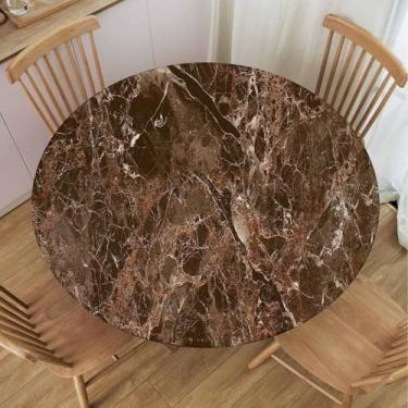 Imagem de TREGAUSI Toalha de mesa redonda de mármore com borda elástica marrom toalha de mesa panos de poliéster laváveis para decoração de festa ao ar livre, pátio, cozinha, 127 cm, adequado para mesas de 97 a
