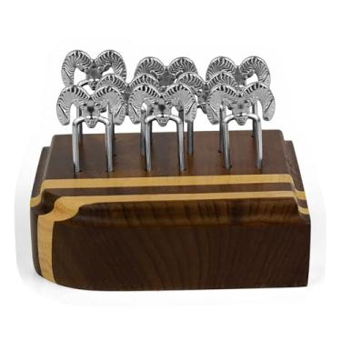 Imagem de Nakagawa Kit Churrasco Premium, 7 Peças, Garfos Tridente Touro em Zamac Prata, Base em Madeira Imbuia Marrom, Manual