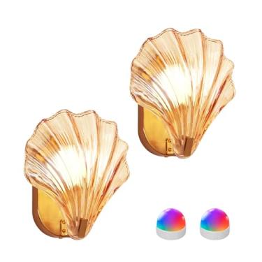 Imagem de Weyderk Arandelas de parede vintage operadas a bateria com controle remoto, arandelas de parede sem fio recarregáveis âmbar com lâmpadas magnéticas de LED, luzes de parede internas em forma de concha