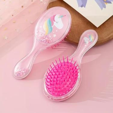 Imagem de 1 escova de cabelo fofa de lantejoulas de unicórnio, formato oval rosa, cerdas de nylon, cabo de plástico ABS, para tipo de cabelo normal, ferramenta de cuidados com o cabelo brilhante