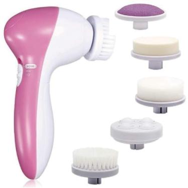 Imagem de Escova de limpeza facial 5 em 1 escova facial elétrica multifuncional à prova d'água escova rotativa de limpeza de rosto com 5 cabeças de escova para limpeza profunda e esfoliação suave de cravos e massagem facial (rosa)