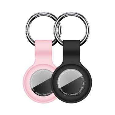Imagem de 【Pacote com 2】 Linsaner compatível com AirTag Case chaveiro Air Tag Case Titular Silicone AirTags Estojos de chaveiro Etiquetas de ar Chaveiro Compatível com Apple AirTag GPS Localizador de Itens Acessórios, Preto + Rosa
