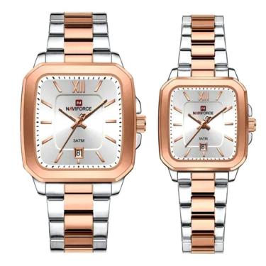 Imagem de Relogios De Pulso Analógico Conjunto De Casal Em Aço Inoxidavel Design Quadrado Impermeavel Prata Rose